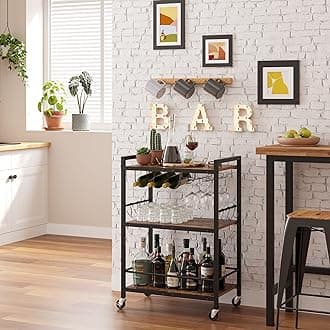 TUTOTAK Bar Cart, Serving Cart for Home, Microwave Cart, Drink Cart, Mobile Kitchen Shelf with Wine Rack and Glass Holder, Rolling Beverage Cart BC01BB030