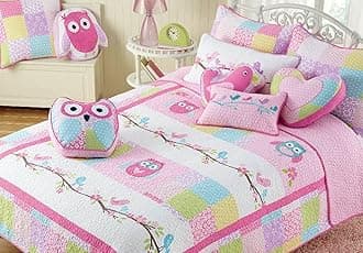 Cozy Line Home Fashions Queen - 7 Piece Cute Owl Pink Blue Green Embroidery 100% Cotton Reversible Girl Bedding Quilt Set, Coverlet, Bedspreads (1 Quilt + 2 Shams + 4 Decorative Pillows)