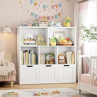 FOTOSOK Toy Storage Organizer with 3 Movable Drawers, Toy Organizer with Hidden Wheels and 5 Open Cubbies, Multifunctional Floor Storage Chest for Playroom, White