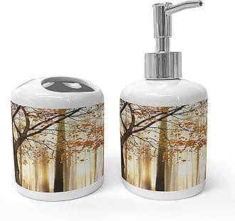 Ambesonne Autumn Soap Dispenser & Toothbrush Holder Set, Bare Tree Branches with Tangerine Tones Fall Leaves, Ceramic Bathroom Toiletry Accessories, 2 Pcs, Taupe Orange