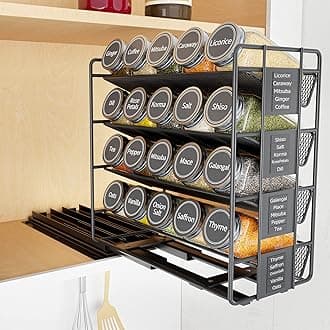 SpaceAid Pull Out Spice Rack Organizer with 20 Jars, Heavy Duty Slide Out Seasoning Organizer for Kitchen Cabinets, with 801 Labels and Chalk Marker, Left Facing