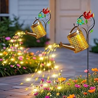 Solar Lights Outdoor, Solar Watering Can with Cascading Lights,Solar Watering Can with Hook Solar Lantern, Gardening Decor for Yard Patio, Gardening Gifts for Mom Grandma Women (2 Pack)
