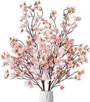 Ammyoo 4 Pcs Artificial Cherry Blossom Flower Branches, Bulk Silk Faux Flowers Real Touch Bouquet for Home Wedding Party Centerpieces Spring Summer Decor, Vase Not Included(Champagne)