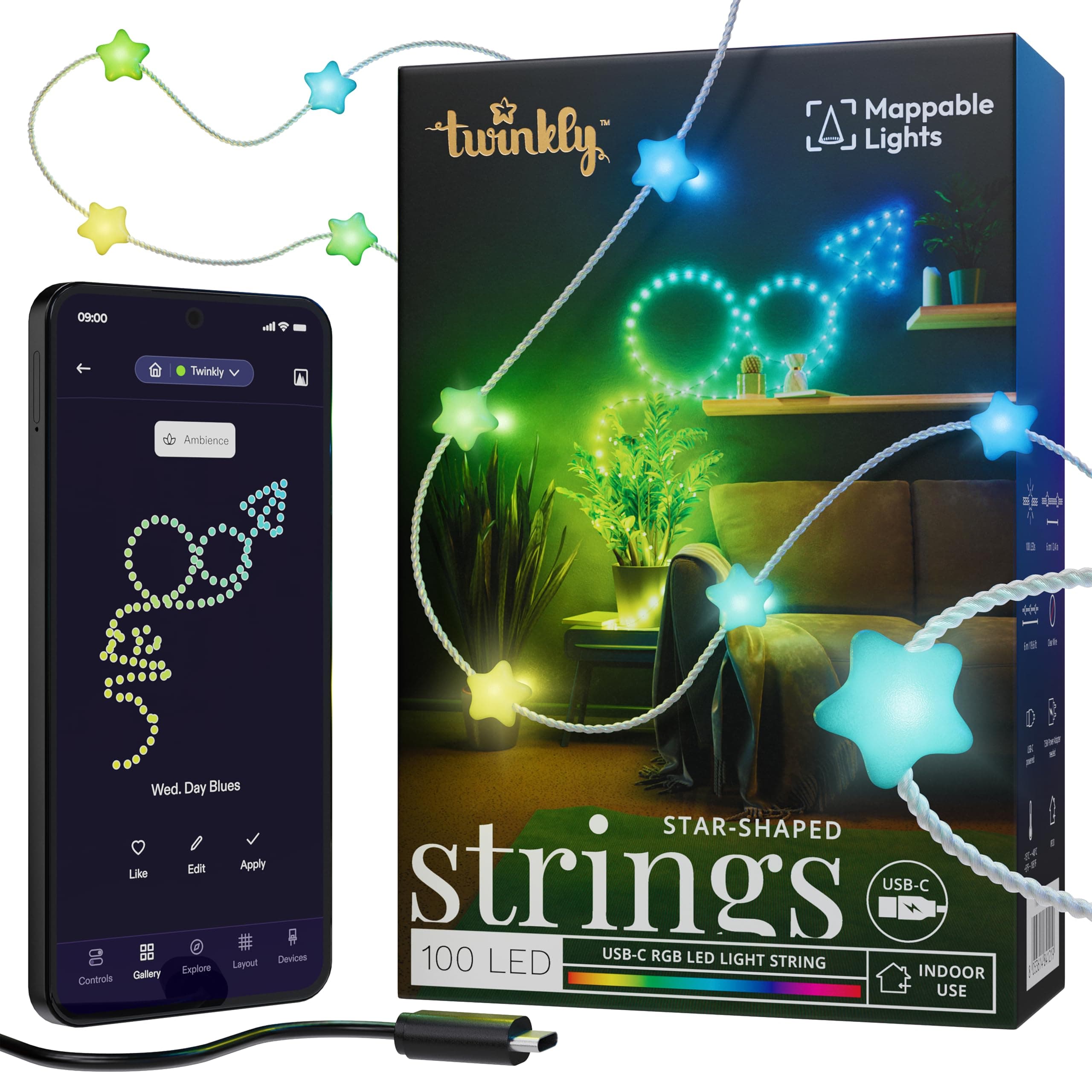Twinkly Candies App-Controlled Star-Shaped USB-C LED Light String with 100 RGB (16 Mil. Colors) 6 M/19.7 FT. Clear Wire. USB-C Adapter Not Included