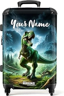 Children's Luggage Kids Suitcase for Boys - Personalised Large Hard Shell Luggage on Wheels - Green Dinosaur in Jungle - 26-28 inch - 23kg