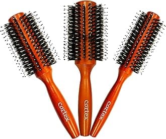 Cortex Professional 100% Boar Bristle Natural blowout thermal brush, round brush for woman & men short hair, Wooden Roller Brushes Handle, for drying all hair Types, cepillo, (Nylon 3-Piece Set)