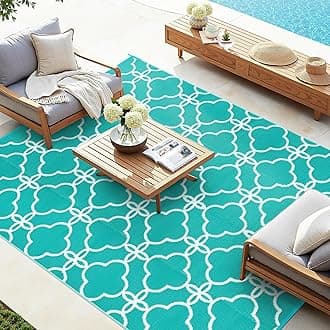 Ashler Outdoor Plastic Straw Rug Waterproof for Patio, Clearance Reversible Camping Mats, 9x12 Large Outdoor Area Rugs with Carrying Bag, for RV, Picnic, Backyard, Indoor, Teal Blue