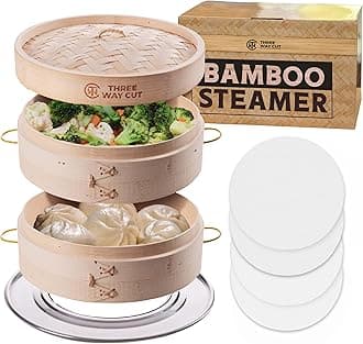 Bamboo Steamer 10 Inch 2 Tier Wooden Basket With Handle, Ring Adapter, Reusable Silicone Liner, Kit For Cooking Dumpling Baby Bao Bun, Dim Sum, Rice Potsticker Steaming Chinese Asian Food & Vegetables