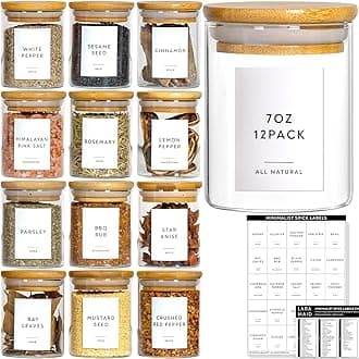 Laramaid 6oz 12Packs Glass Jars Set, Round Spice Jars with Bamboo Lids and Customized Labels, Food Storage Container Canisters for Home Kitchen, Spice, Herbs, Seasoning, Seed, Tea, Sugar, Salt