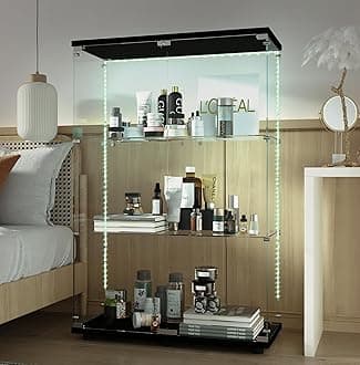 Modern Glass Display Cabinet 3-Shelf with LED Light and Lock, 2 Door Curio Cabinets,Tempered Glass Collection Display Showcase for Living Room Home Office,30.9x13.5x49 H,Black