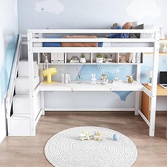 BTM Loft Bed with Desk, 90 * 190cm Single Bunk Bed with Stairs and Shelves and Slatted Frame, Wooden Bunk Bed for Kids, Bunk Bed with Storage