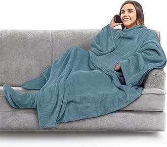 PAVILIA Fleece Blanket with Sleeves and Foot Pockets for Women Men Adults, Wearable Blanket Sleeved Throw Wrap, Plush Hug Sleep Pod Snuggle Blanket Robe, Cozy Gift Ideas Wife Mom, Dusty Blue
