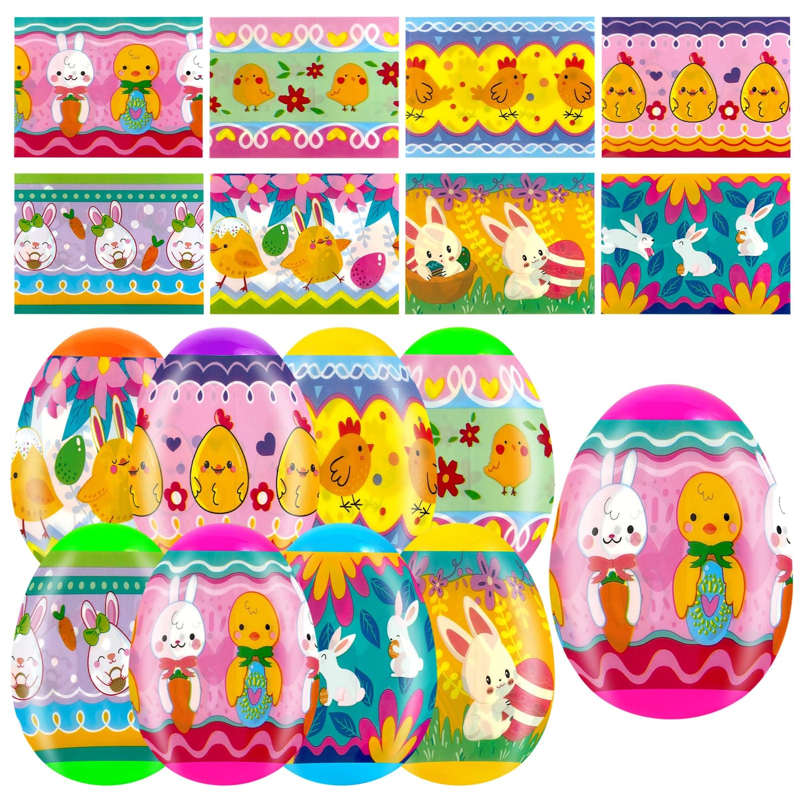 36 Pcs Easter Egg Wrapper Luminous Film Shrink Wraps for 2.4in Easter Egg Arounds Cute Chicken Bunny Sleeves Decorations