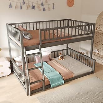 Full XL Over Queen Bunk Bed with Safety Guardrails, Solid Wood Floor Bunk Bed Frame with Sturdy Slat Support for Kids Teens Adults, Detachable Design (Grey-tra)