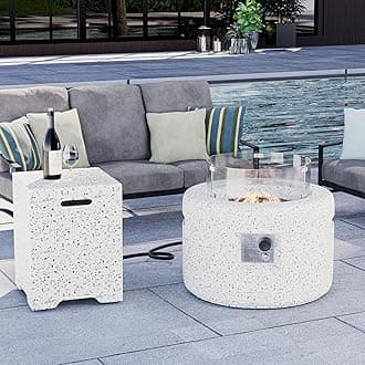 HOMPUS Round Fire Pit Table, Outdoor Propane Fire Pit Table w Free Lava Rocks & Rain Cover, Terrazzo Colorful Fire Pit w Tank Cover Table & Wind Guard for Patio, Outside