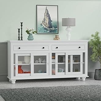 Solid Wood Sideboard Cabinet for Living Room | Wooden Crockery Cabinet with 4 Sliding Acrylic Glass Doors & 2 Drawers | Kitchen Display Unit | White Finish