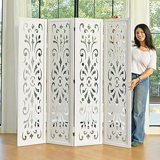 5.6Ft Room Divider Folding Wood Classical Carved Partition Screen for Home Office Garden - 4 Panels (White)