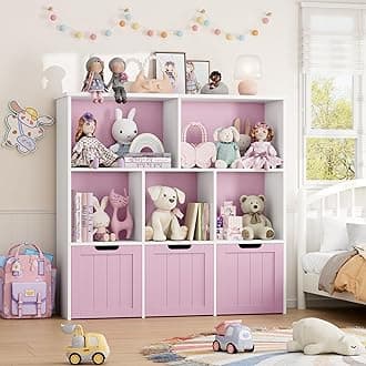 FOTOSOK Toy Storage Organizer with 3 Movable Drawers, Floor Storage Cabinet Toy Chest with Hidden Wheels and 5 Storage Cubbies, Multifunctional Storage Chest for Living Room, Home Office, Pink