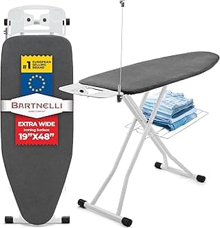 Bartnelli Extra Wide Pro Ironing Board 19x48 Ironing Surface with Iron Rest, Cord Holder, Shelf and 4 Layer Heat Resistant Cover and Pad