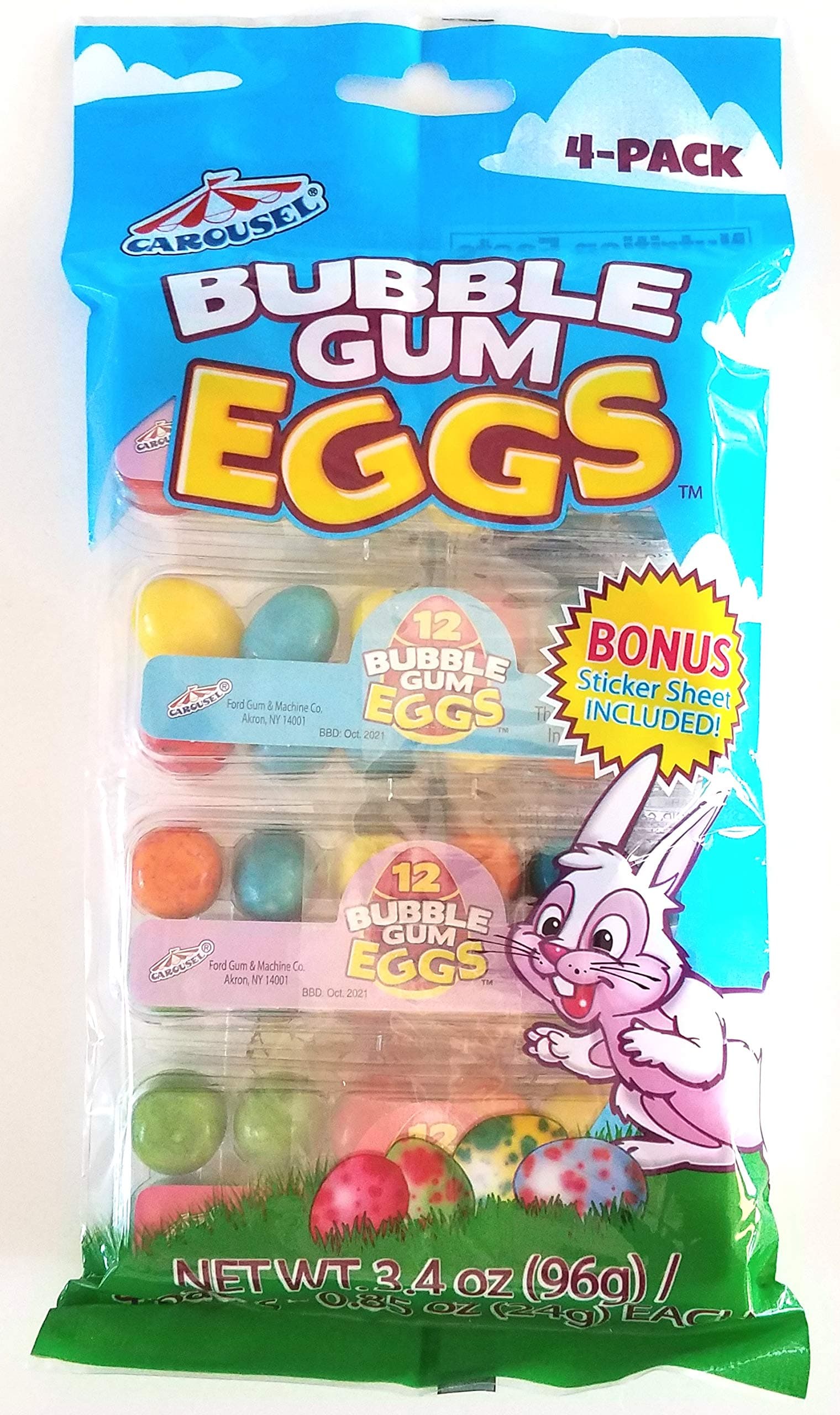 Carousel (1 Bag) Bubble Gum Easter Eggs Candy w/ Sticker Sheet - 4 Packs Total 48 Chewing Gum Eggs - Net Wt. 3.4 oz / 96 g