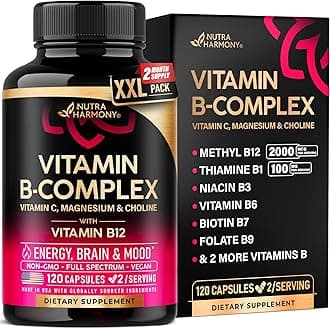 Vitamin B Complex for Men & Women - Made in USA - B-Complex: B1, B2, B3, B5, B6, B7, B8, B9, B12 with Vitamin C, Choline, Inositol - Energy, Brain & Heart Support Supplement, 120 Vegan Capsules
