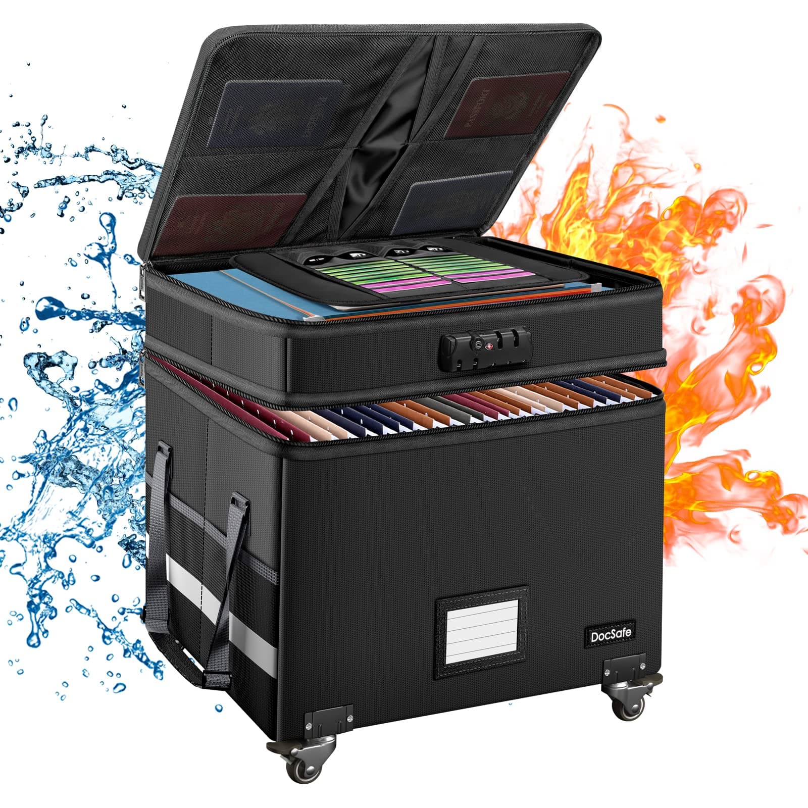 Fireproof Document Box with Lock,2-Layer File Box with Wheels,Collapsible File Storage Organizer with Pockets,Large Portable Home Filing Cabinet for Hanging Folders,Black,16''x13.8''x12.2''