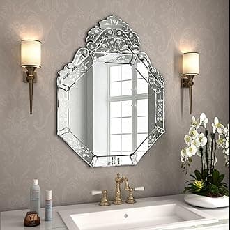 KOHROS Venetian Mirror with Top Crown Arch Floral Etched 32 x 24 Inch Octagonal Bathroom Mirror for Over Sink Frameless Beveled Edge Wall Mirror for Bathroom Vanity Entryway Bedroom