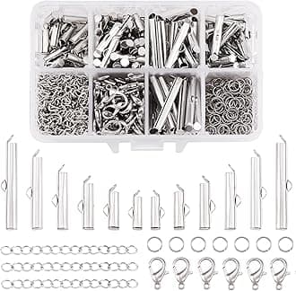 Beadthoven 1Box 6Sizes Iron Slide On End Clasps with Twist Extender Chains Jump Rings & Alloy Lobster Claw Clasps Tube Crimp Cord Ends Finding for Jewelry Making 10mm/13mm/16mm/20mm/25mm/30mm