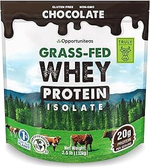 Opportuniteas Grass Fed Chocolate Whey Isolate Protein Powder – 20 g Protein, Heavy-Metal Tested, Made with Organic Cacao & Organic Cane Sugar, Non-GMO, Hormone-Free, Sourced from Ireland, 2.5 lb