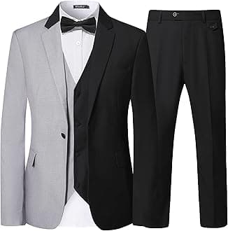 WULFULMen’s Slim Fit Suit One Button 3-Piece Blazer Dress Business Wedding Party Jacket Vest & Pant