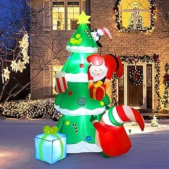 7FT Christmas Blow Up, Inflatable Christmas Tree Santa Gnome Penguin, Christmas Inflatables Yard Outdoor Decorations with LED Lights