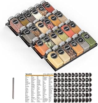 SpaceAid Spice Drawer Organizer with 24 Spice Jars, 386 Spice Labels, 4 Tier Seasoning Rack Tray Insert for Kitchen Drawers, 11.25" Wide x 17.5" Deep