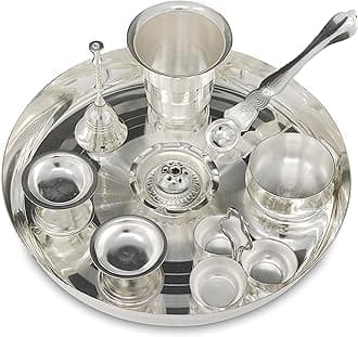 BENGALEN Pooja thali Set Silver Plated with 8 Inch Plate Diya Palli Glass Bowl Ghanti Agarbatti Stand Kumkum Stand Puja Thali for Diwali Home Mandir Office Wedding Return Gift Items