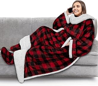 PAVILIA Sherpa Blanket with Sleeves, Foot Pocket for Women Men Adults, Thick Wearable Blanket Throw Wrap, Fleece Warm Snuggle Blanket Robe, Cozy Gift Ideas Wife Mom, Checkered Red