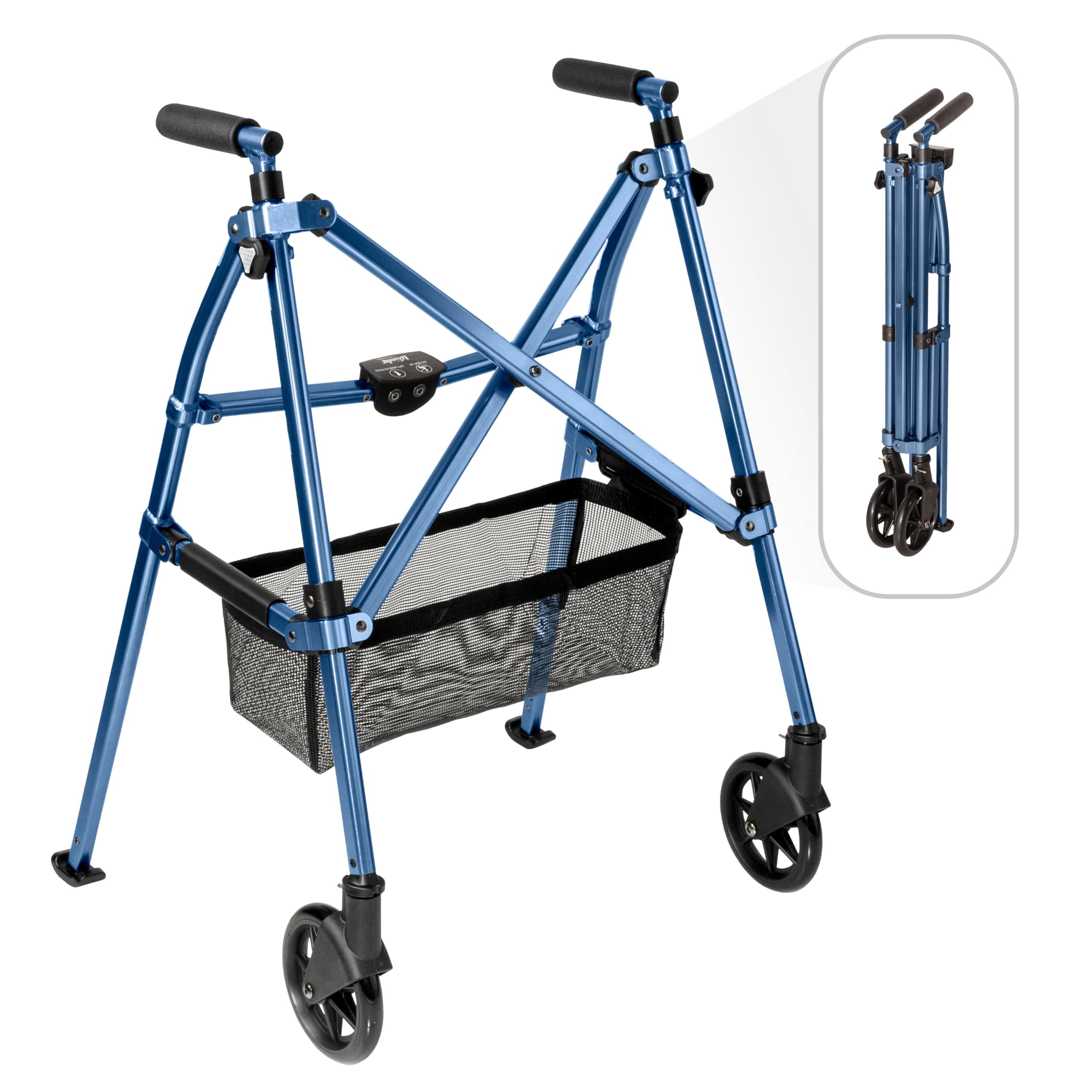 Stander EZ Fold-N-Go Walker, Lightweight Folding Mobility Frame with 2 Swivel Wheels, Elderly Travel Walking Aid, Cobalt Blue (Eligible for VAT Relief in the UK)