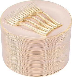 LIYH 200 Pcs Pink Gold Dessert Plates and Forks, Small Cake Plates 7.5 Inch, Party Plate and Forks 5 Inch for Bridal Shower, Birthday Tea Party,Easter