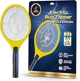 Bug Zapper 18" Electric Fly & Mosquito Swatter Racket - Outdoor/Indoor Killer for Flies, Battery-Operated Tennis Killing Zap, 3000 Volts Electronic Catcher, 2 AA Batteries Included - Yellow