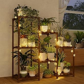 Bamworld Plant Stand Indoor with Flower Fairy Lights Battery Plant Shelf Wood Plant Rack for Multiple Plants 3 Tiers Ladder Plant Holder for 7 Pots for Living Room Home Decor for Gardening Gifts