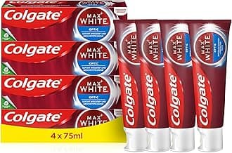 Colgate Max White Optic Toothpaste, Whitening Toothpaste, Clinically Proven to Remove up to 100 Percent Surface Stains*, Toothpaste Multipack, 4 Pack, 75ml Tubes