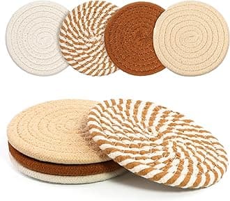 Coasters Set of 4 for Drinks, Cotton Woven 4 Colors Absorbent Boho Coasters for Home Decor Cups - Hot or Cold Drink Thickened (Khaki Mixed White)