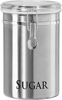 Stainless Steel Sugar Canister 62 fl oz - Airtight Clamp Lid, Clear See-Thru Top - Ideal Sugar Container for Countertop, Sugar Jar, Bulk Sugar Storage. Large Size 5" x 7.5".