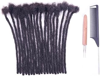 0.4cm and 0.6cm Width 4-16 Inch 10-100 Strands Options 100% Human Hair Dreadlock Extensions for Men Women Kids Full Handmade Human Loc Extensions with Needle and Comb(0.4cm, 8inch, 10Strands)