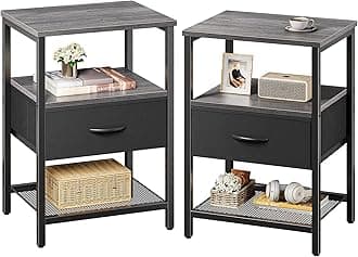 Huuger Nightstand Set of 2, Night Stand with Fabric Drawer, Mesh Shelf, Side Table with Storage, Fabric Drawer Dresser, Open Shelf, Metal Frame, Bedroom, Charcoal Gray