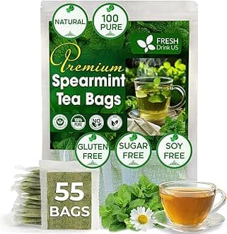 FreshDrinkUS, Premium 55 Spearmint Tea Bags, 100% Natural Spearmint Leaves. Loose Leaf Spearmint Herbal Tea. Spearmint Leaf Tea. No Sugar, No Caffeine, No Gluten, Vegan.