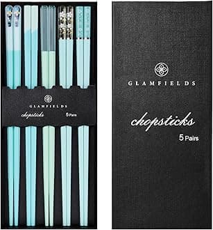 GLAMFIELDS Chopsticks Reusable Dishwasher Safe, 5 Pairs 9.5 Inches Premium Chop Sticks Set for Sushi, Ramen, Asian Cuisine, Matte Non-slip with Gift Case, Light Blue