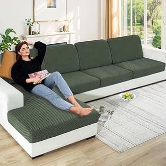【Clearance】 Stretch Individual Cushion Covers Sofa Seat Cushion Slipcovers Soft Couch Cover Replacement Large Checkered Furniture Protector with Elastic Bottom (3 Pc Cushion Cover, Army Green)