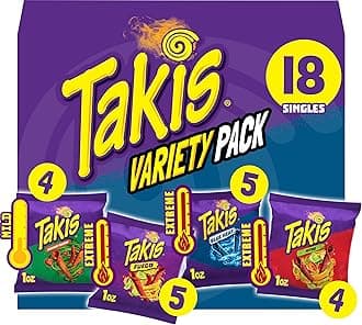 Takis 18 pc / 1 oz Variety Pack, Assorted Flavored Mixed Rolled Tortilla Chips – (5) Fuego, (5) Blue Heat, (4) Nitro, (4) Crunchy Fajitas