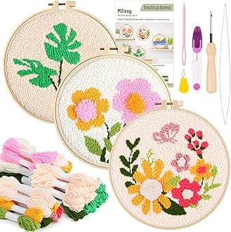 Pllieay 3 Set Punch Needle Embroidery Starter Kits Include Instruction, Punch Needle Fabric with Pattern, Yarns, Embroidery Hoops for Rug-Punch & Pinch Needle
