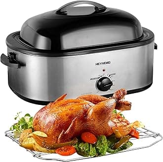 Roaster Oven, Electric Roaster Oven, Roaster Oven, Turkey Roaster Oven Buffet with Self-Basting Lid, Removable Pan, Cool-Touch Handles, Stainless Steel Silver