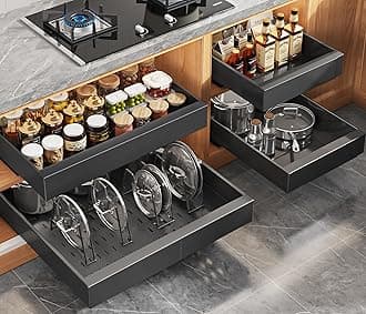 Seinloes 4Pack Expandable Pull Out Cabinet Organizer 21"Deep With Raising Pad for Framed Cabinets,Slide Out Drawers with 4pcs Divider Racks,Roll Out Shelves Adhesive,Adjustable Width 12.05"-20.4"Black